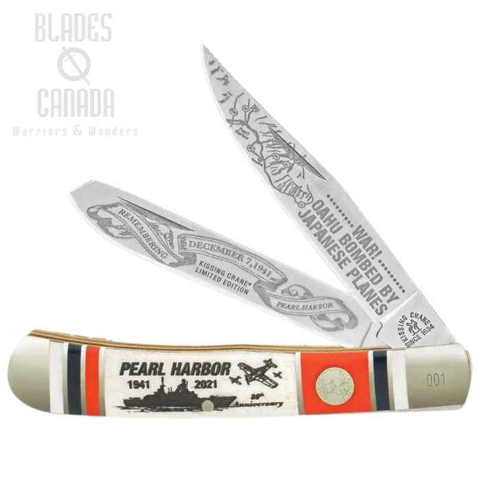 Kissing Crane 80th Anniversary Pearl Harbor Folding Knife, Bone, KC5604